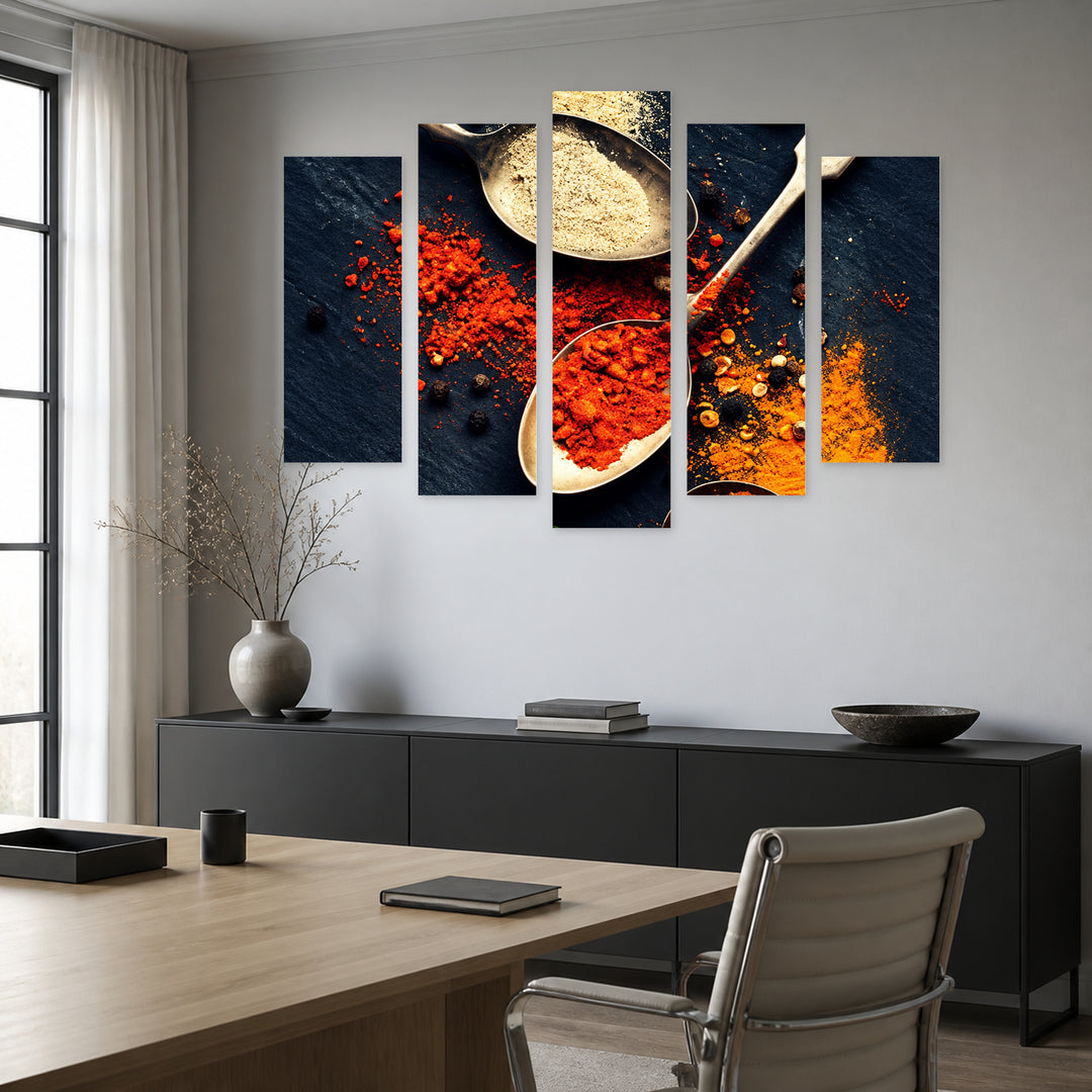Cooking Passion with Geometric Rhythm — five-panel wall art in frontal interior | 5wallart 57604 M3