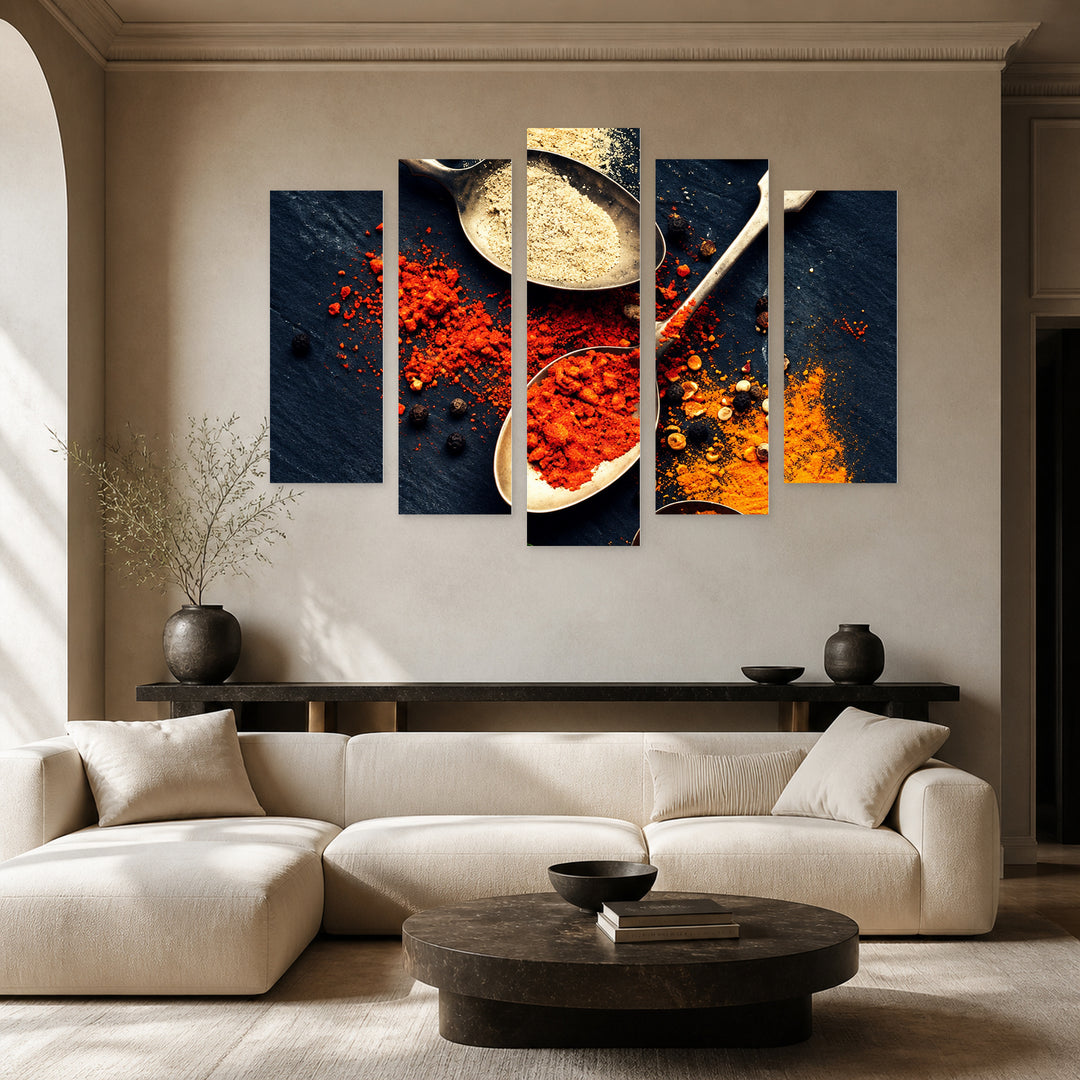Cooking Passion with Geometric Rhythm — five-panel wall art in alternate frontal interior | 5wallart 57604 M4