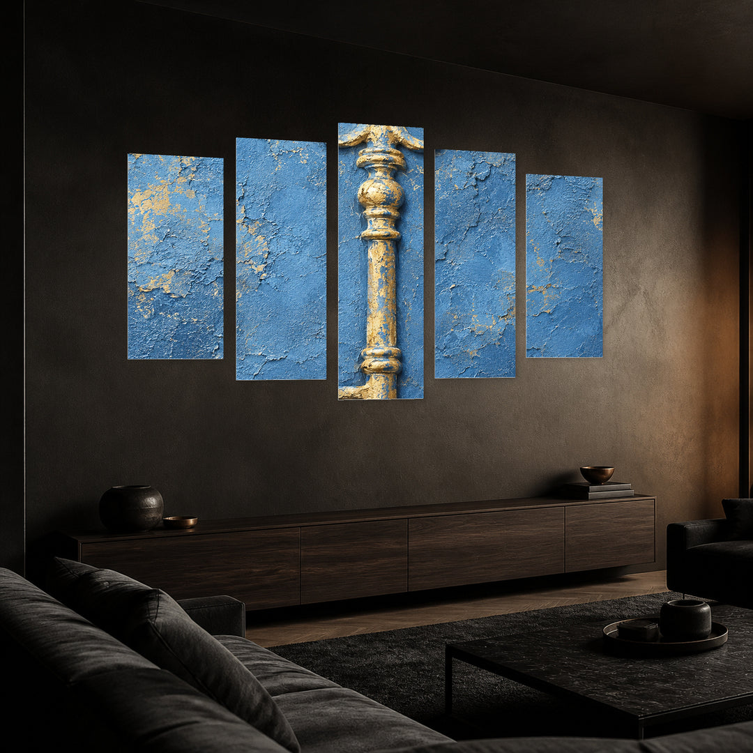 Key in Blue and Gold — five-panel wall art in perspective interior | 5wallart 57605 M2