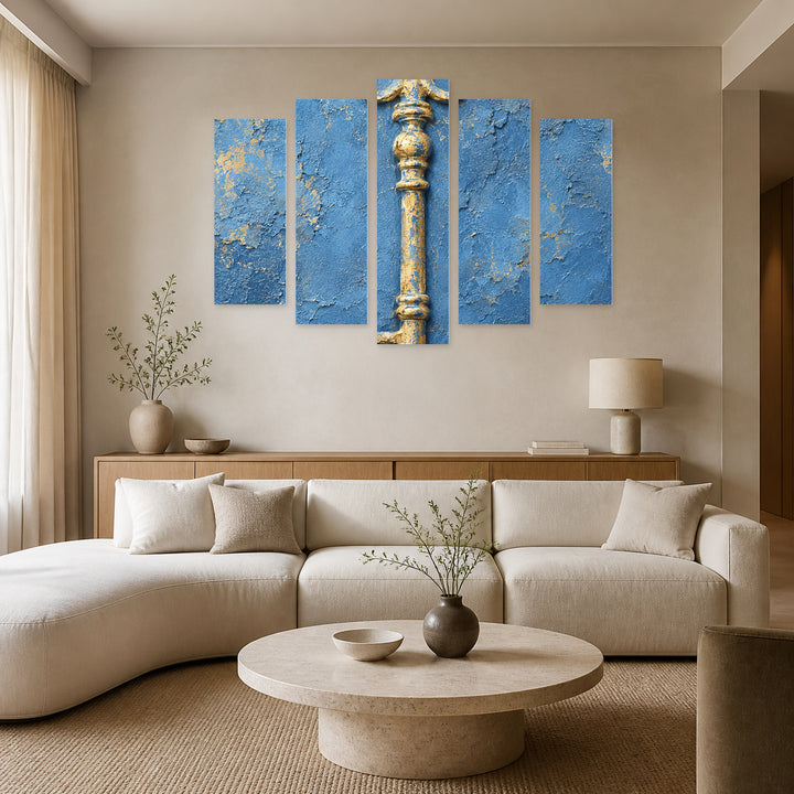 Key in Blue and Gold — five-panel wall art in frontal interior | 5wallart 57605 M3
