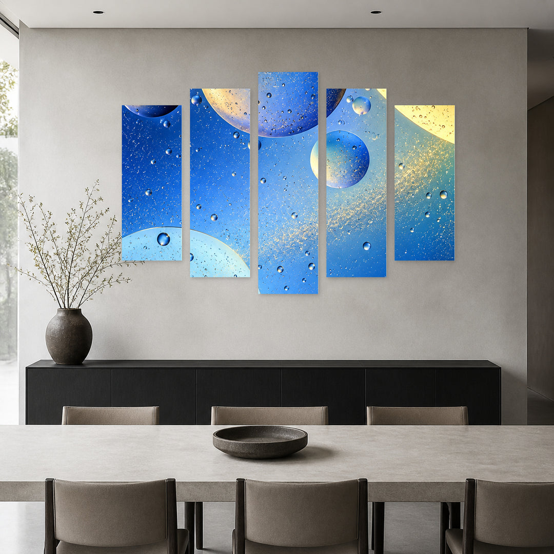 Cosmic Colors in Blue and Gold — five-panel wall art in frontal interior | 5wallart 57610 M3