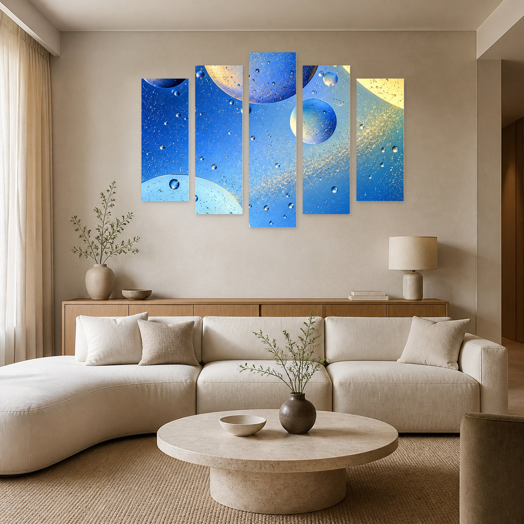 Cosmic Colors in Blue and Gold — five-panel wall art in alternate frontal interior | 5wallart 57610 M4