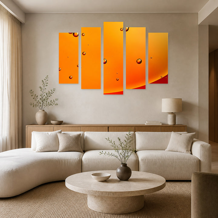 Orange Bubbles Modern Composition — five-panel wall art in frontal interior | 5wallart 57611 M3