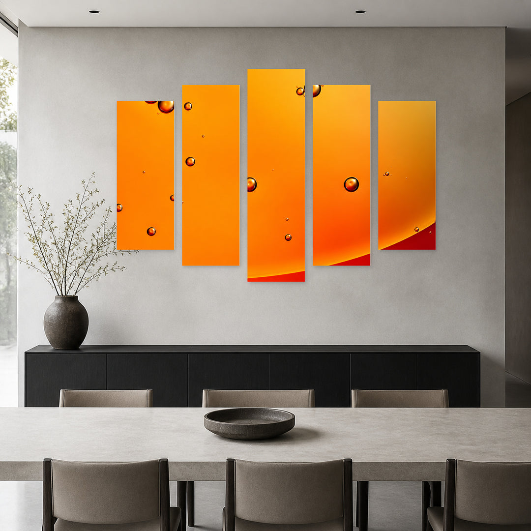 Orange Bubbles Modern Composition — five-panel wall art in alternate frontal interior | 5wallart 57611 M4