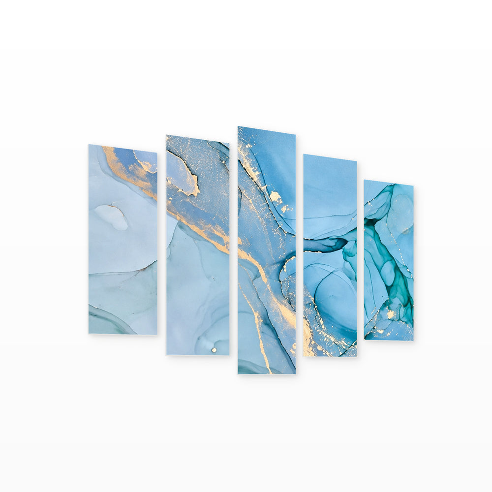 Golden Dust Modern Composition — five-panel wall art on white background in perspective | 5wallart 57614 M1