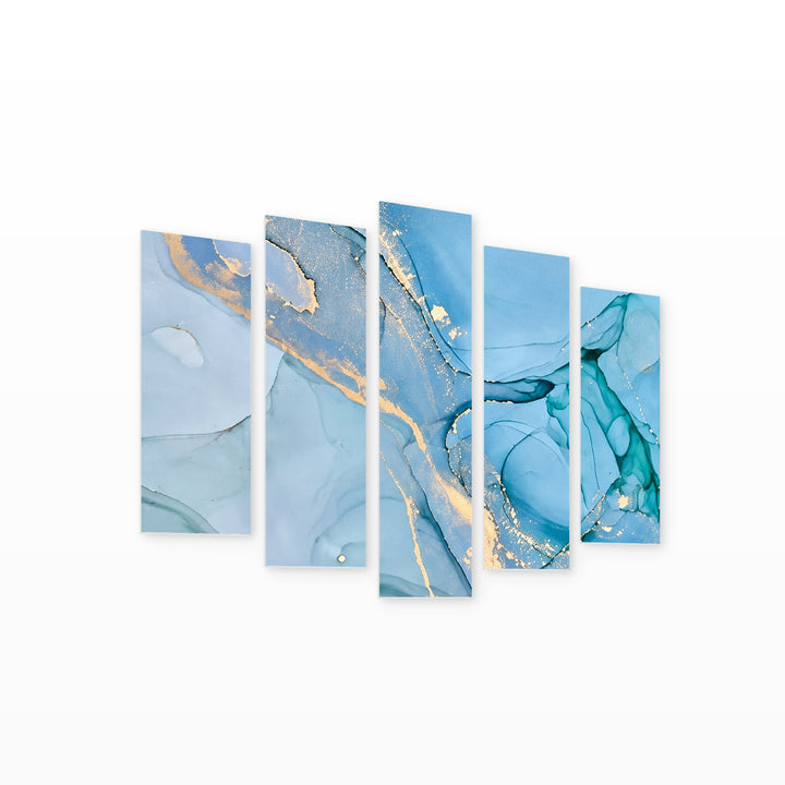 Golden Dust Modern Composition — five-panel wall art on white background in perspective | 5wallart 57614 M1