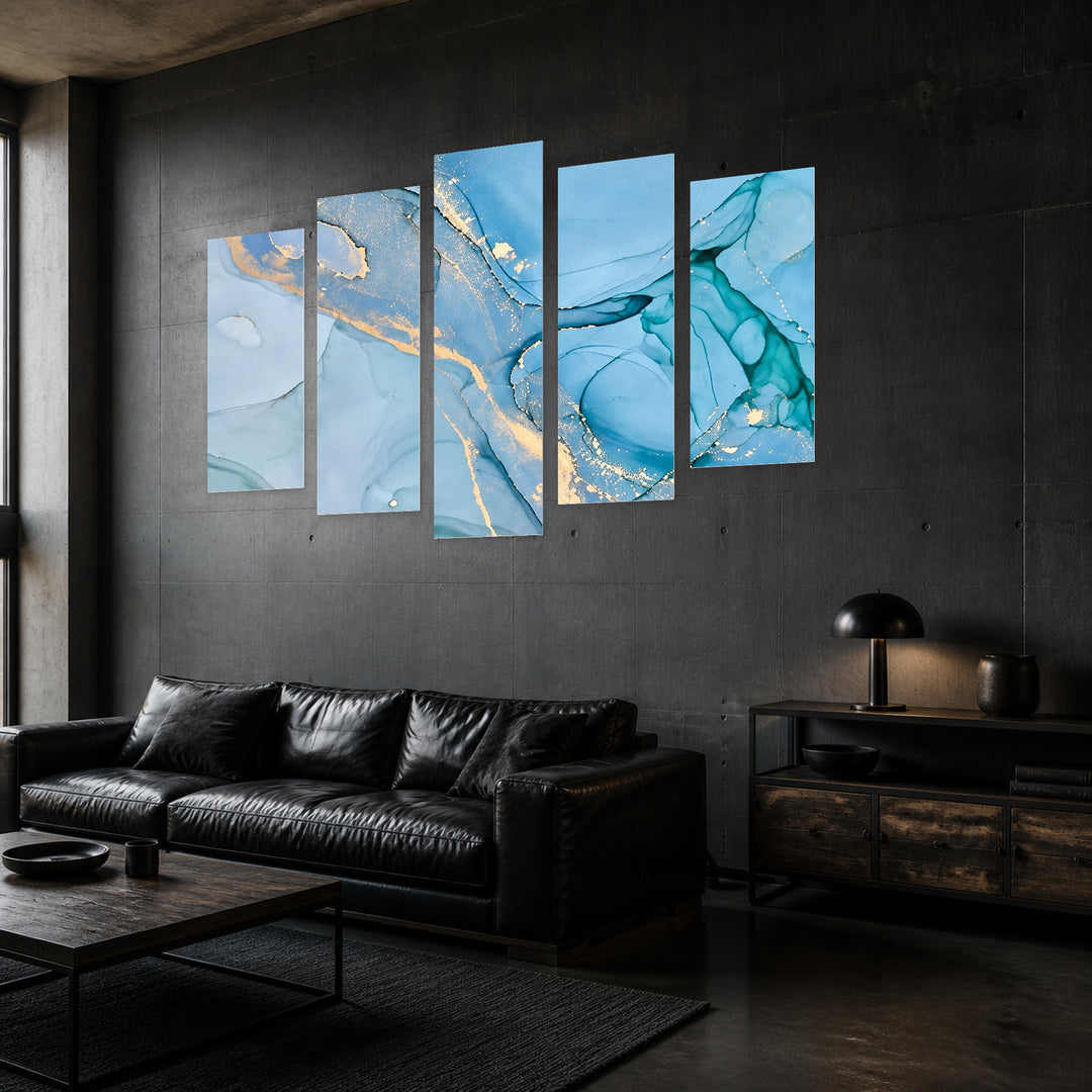 Golden Dust Modern Composition — five-panel wall art in perspective interior | 5wallart 57614 M2