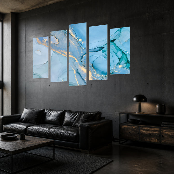 Golden Dust Modern Composition — five-panel wall art in perspective interior | 5wallart 57614 M2