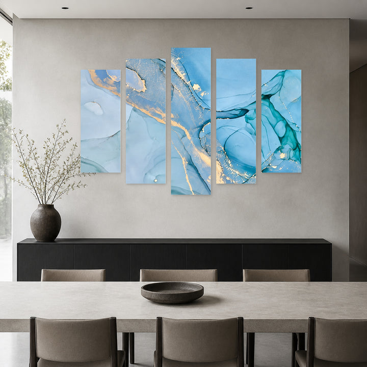 Golden Dust Modern Composition — five-panel wall art in frontal interior | 5wallart 57614 M3
