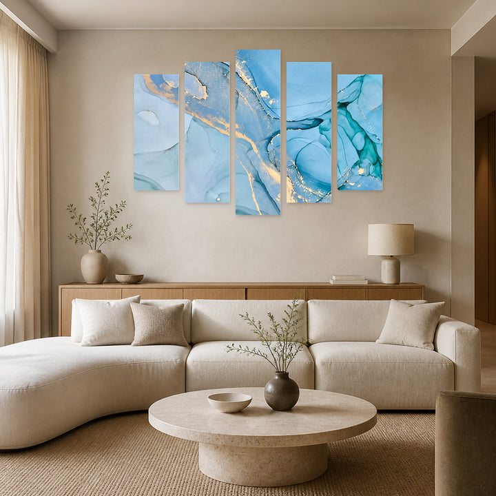 Golden Dust Modern Composition — five-panel wall art in alternate frontal interior | 5wallart 57614 M4