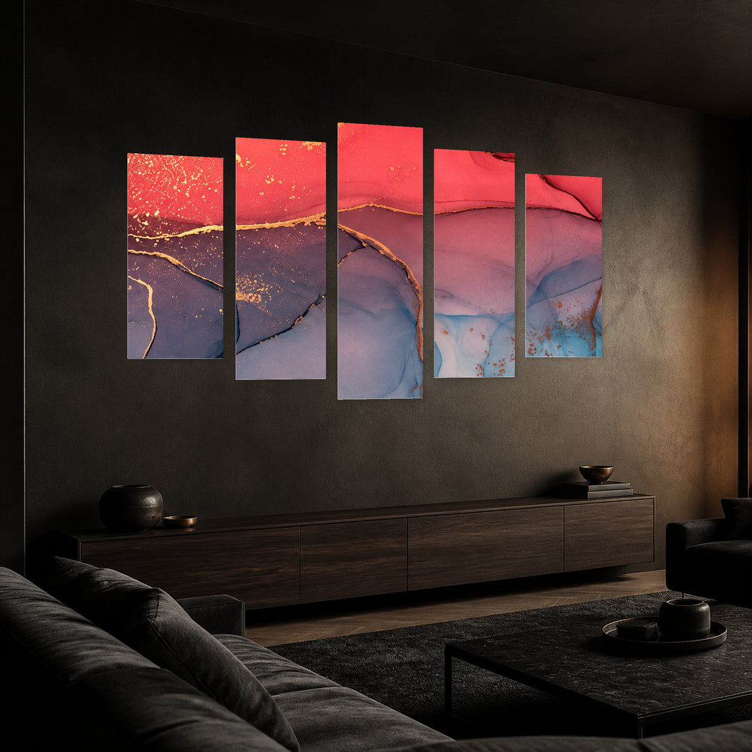 Salmon Color in Vivid Color — five-panel wall art in perspective interior | 5wallart 57615 M2