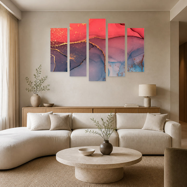 Salmon Color in Vivid Color — five-panel wall art in frontal interior | 5wallart 57615 M3