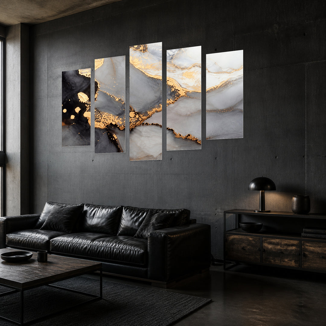 Golden Cloud in Serene Light — five-panel wall art in perspective interior | 5wallart 57616 M2