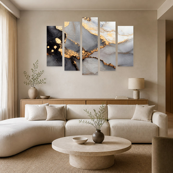 Golden Cloud in Serene Light — five-panel wall art in alternate frontal interior | 5wallart 57616 M4