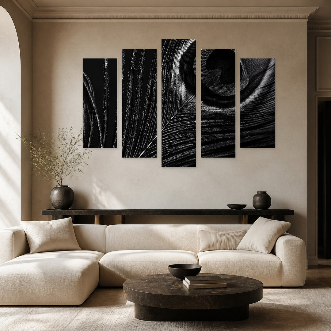 Black Peacock Feather Wildlife Portrait — five-panel wall art in frontal interior | 5wallart 57617 M3