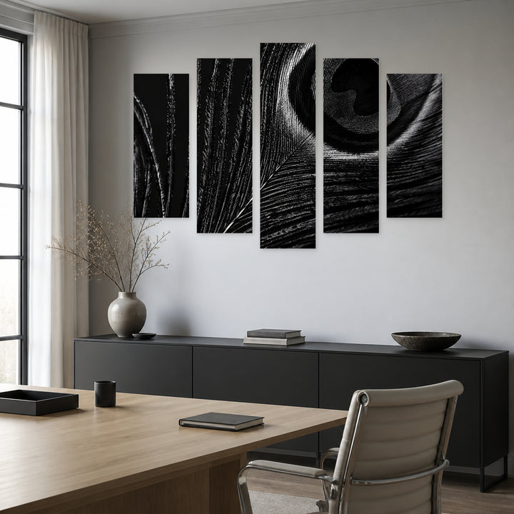 Black Peacock Feather Wildlife Portrait — five-panel wall art in alternate frontal interior | 5wallart 57617 M4