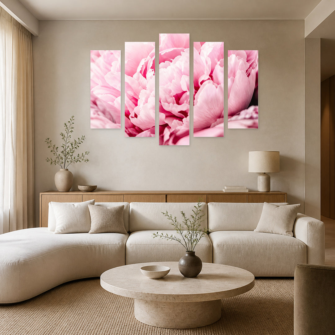 Cozy Peonies with Dreamlike Atmosphere — five-panel wall art in alternate frontal interior | 5wallart 57618 M4