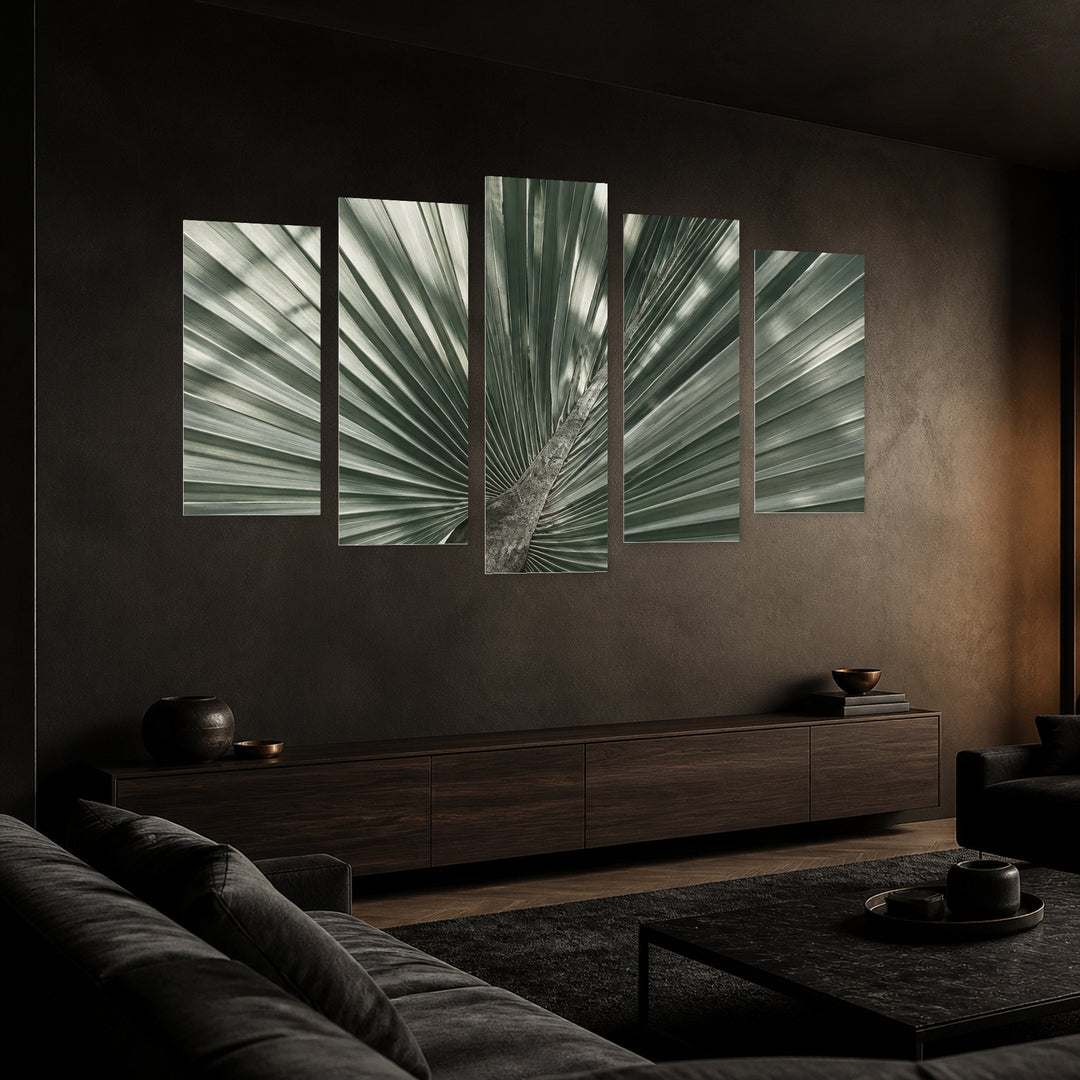 Botany in Serene Light — five-panel wall art in perspective interior | 5wallart 57619 M2