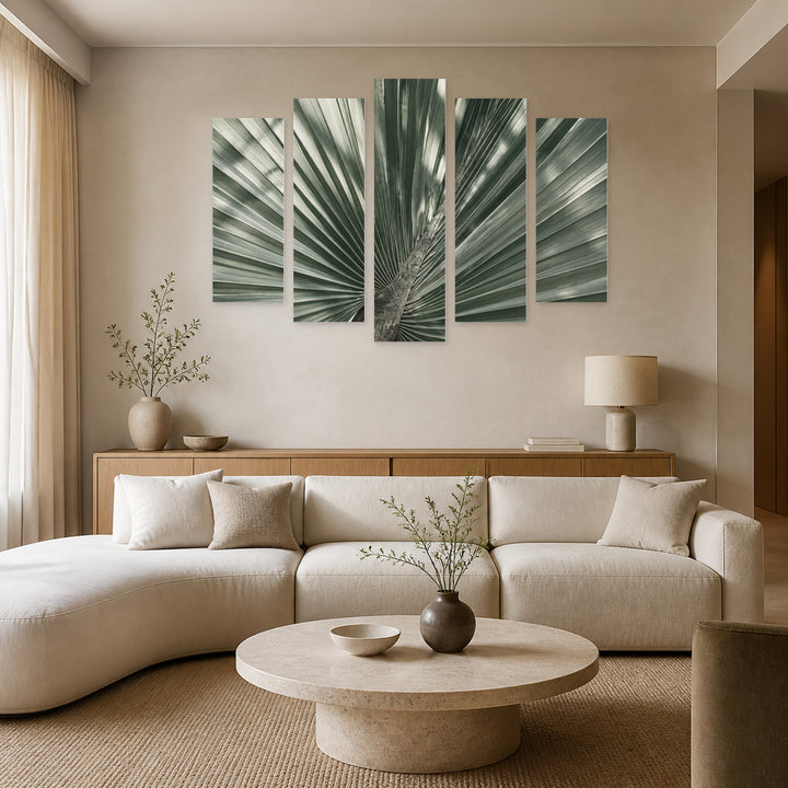 Botany in Serene Light — five-panel wall art in frontal interior | 5wallart 57619 M3
