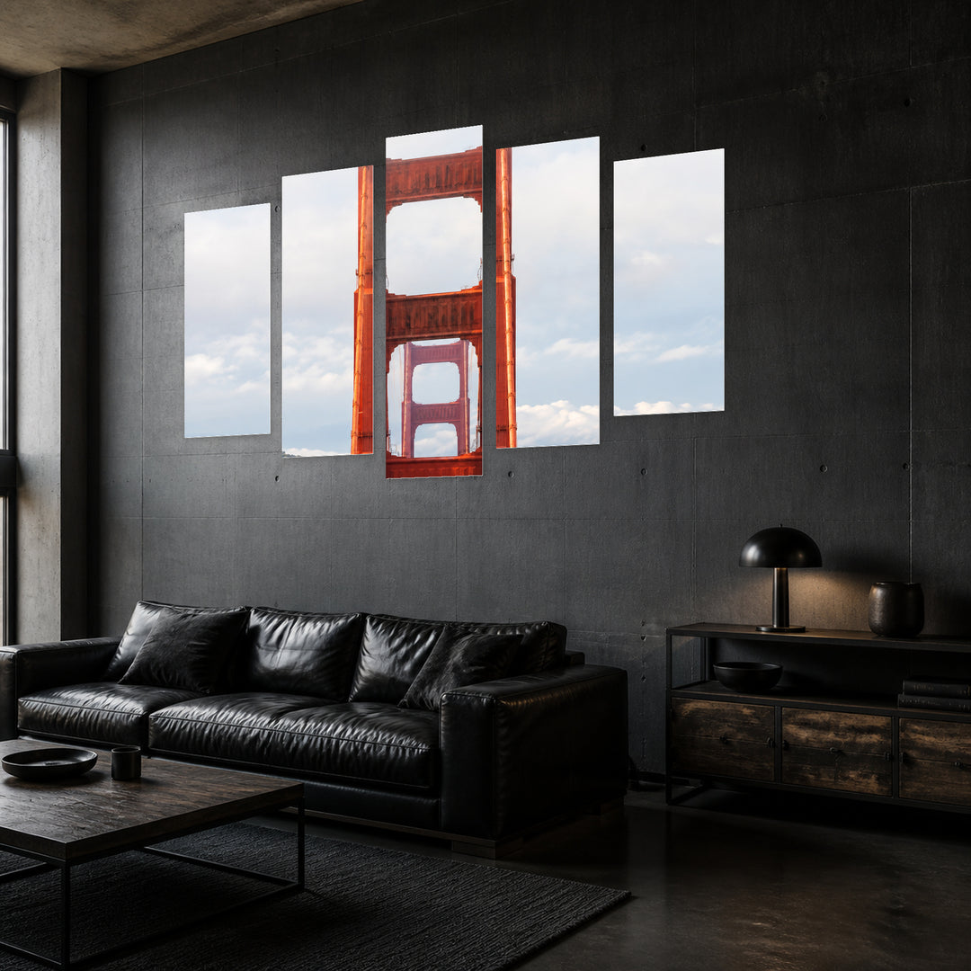 Bridge - Golden Gate in Serene Light — five-panel wall art in perspective interior | 5wallart 57620 M2