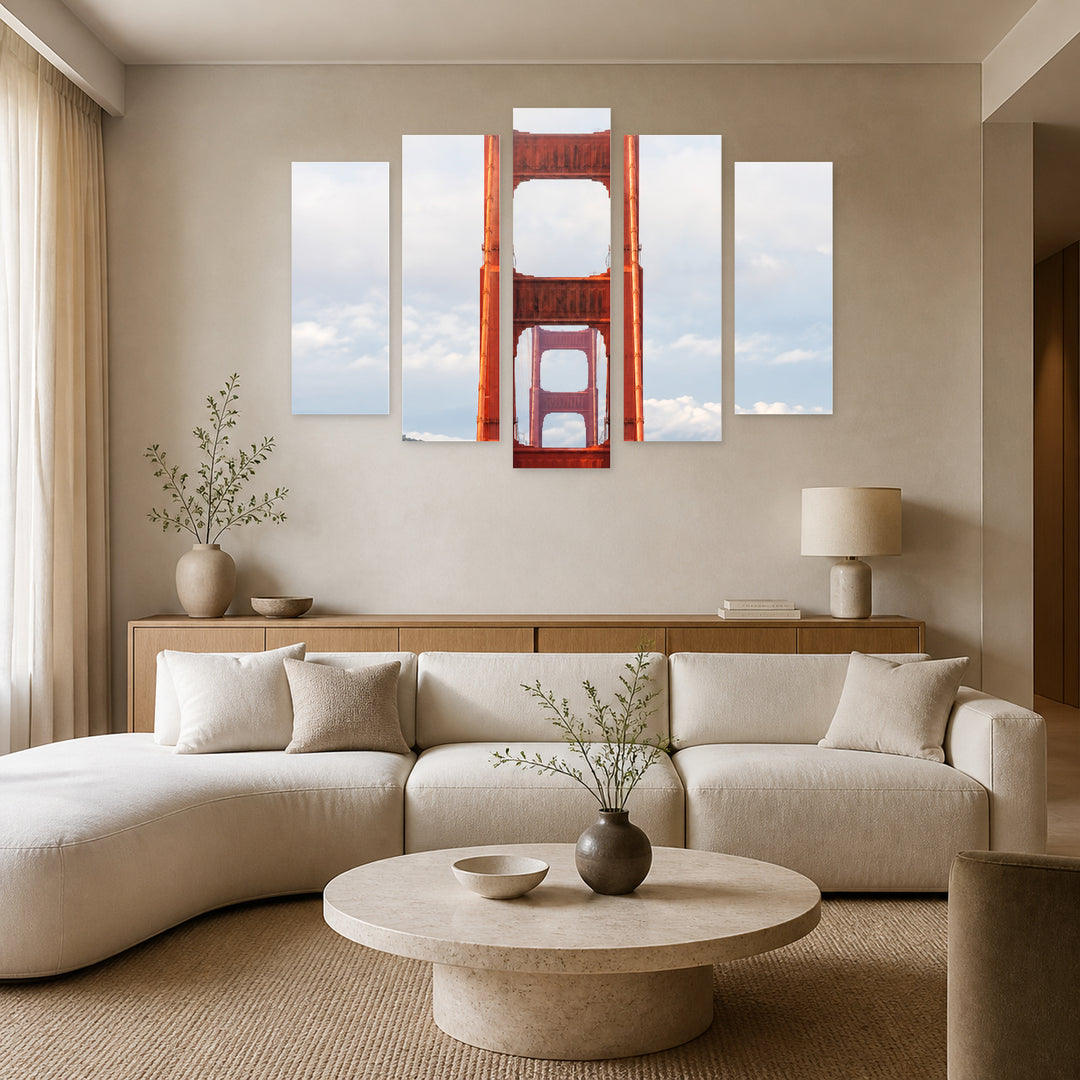 Bridge - Golden Gate in Serene Light — five-panel wall art in alternate frontal interior | 5wallart 57620 M4