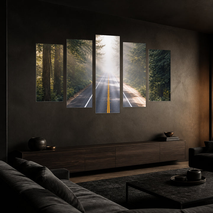 Free Coastal Panorama — five-panel wall art in perspective interior | 5wallart 57621 M2