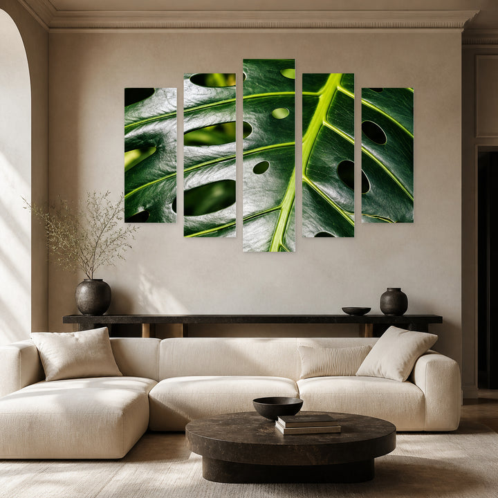 Tropical Leaf in Vivid Color — five-panel wall art in frontal interior | 5wallart 57623 M3