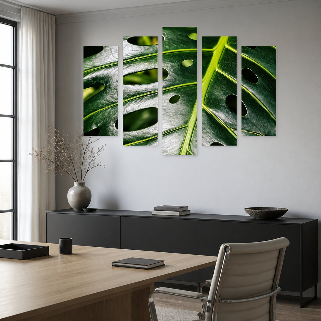 Tropical Leaf in Vivid Color — five-panel wall art in alternate frontal interior | 5wallart 57623 M4