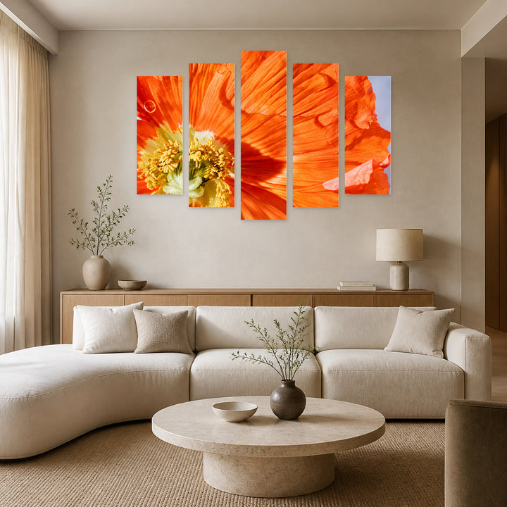 Orange Poppy with Dramatic Contrast — five-panel wall art in frontal interior | 5wallart 57625 M3
