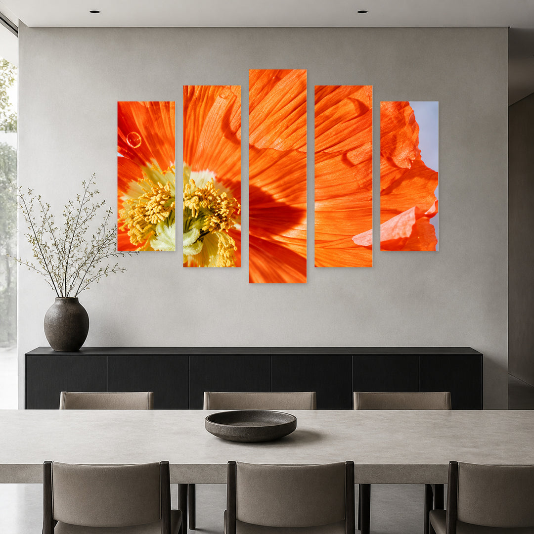 Orange Poppy with Dramatic Contrast — five-panel wall art in alternate frontal interior | 5wallart 57625 M4