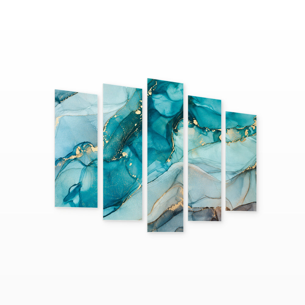 Blue Explosion with Geometric Rhythm — five-panel wall art on white background in perspective | 5wallart 57626 M1