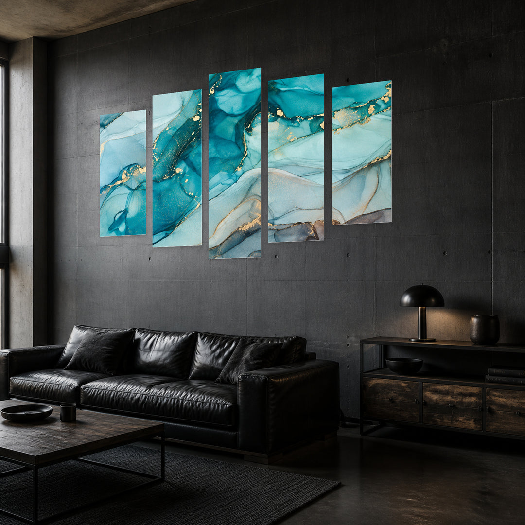 Blue Explosion with Geometric Rhythm — five-panel wall art in perspective interior | 5wallart 57626 M2