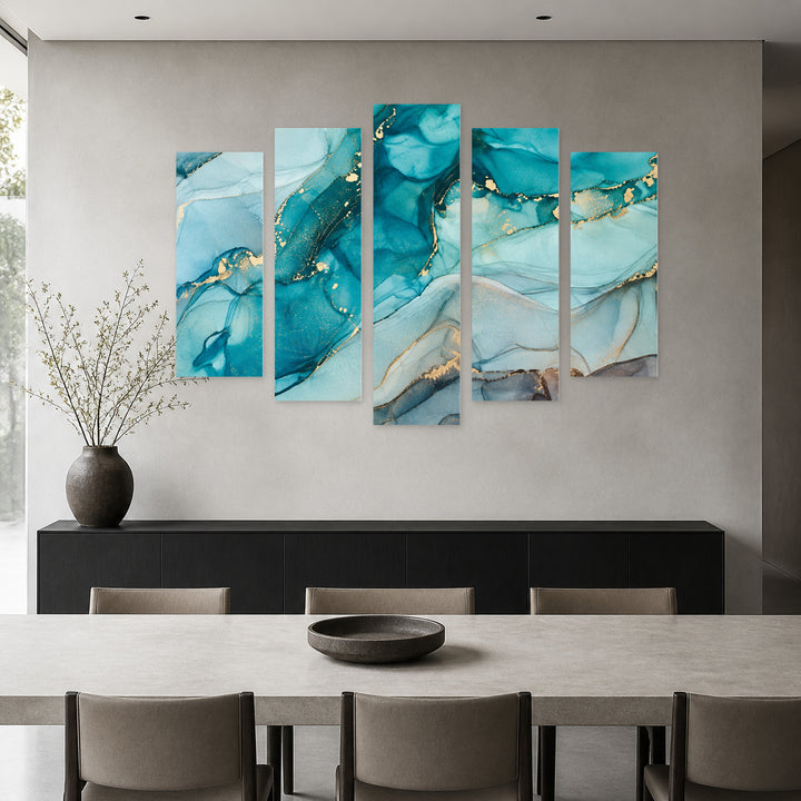 Blue Explosion with Geometric Rhythm — five-panel wall art in frontal interior | 5wallart 57626 M3