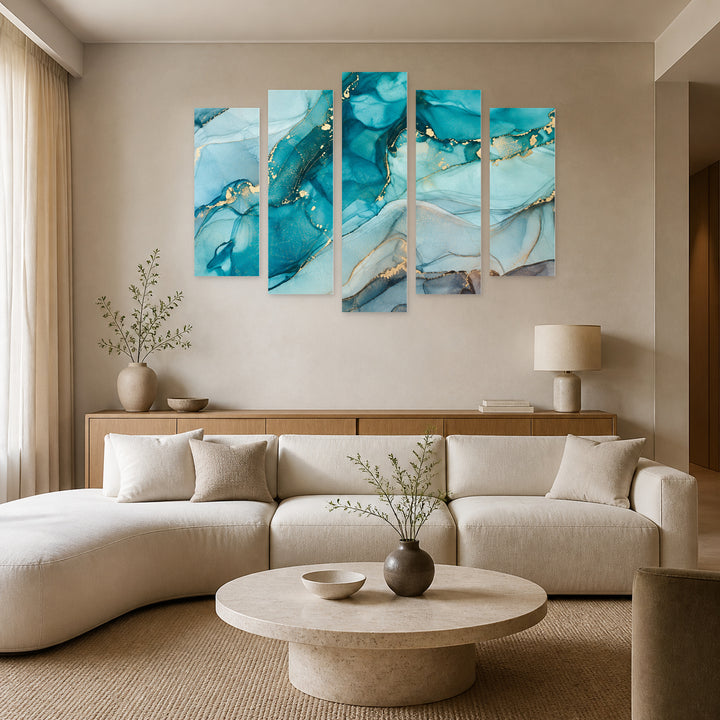 Blue Explosion with Geometric Rhythm — five-panel wall art in alternate frontal interior | 5wallart 57626 M4