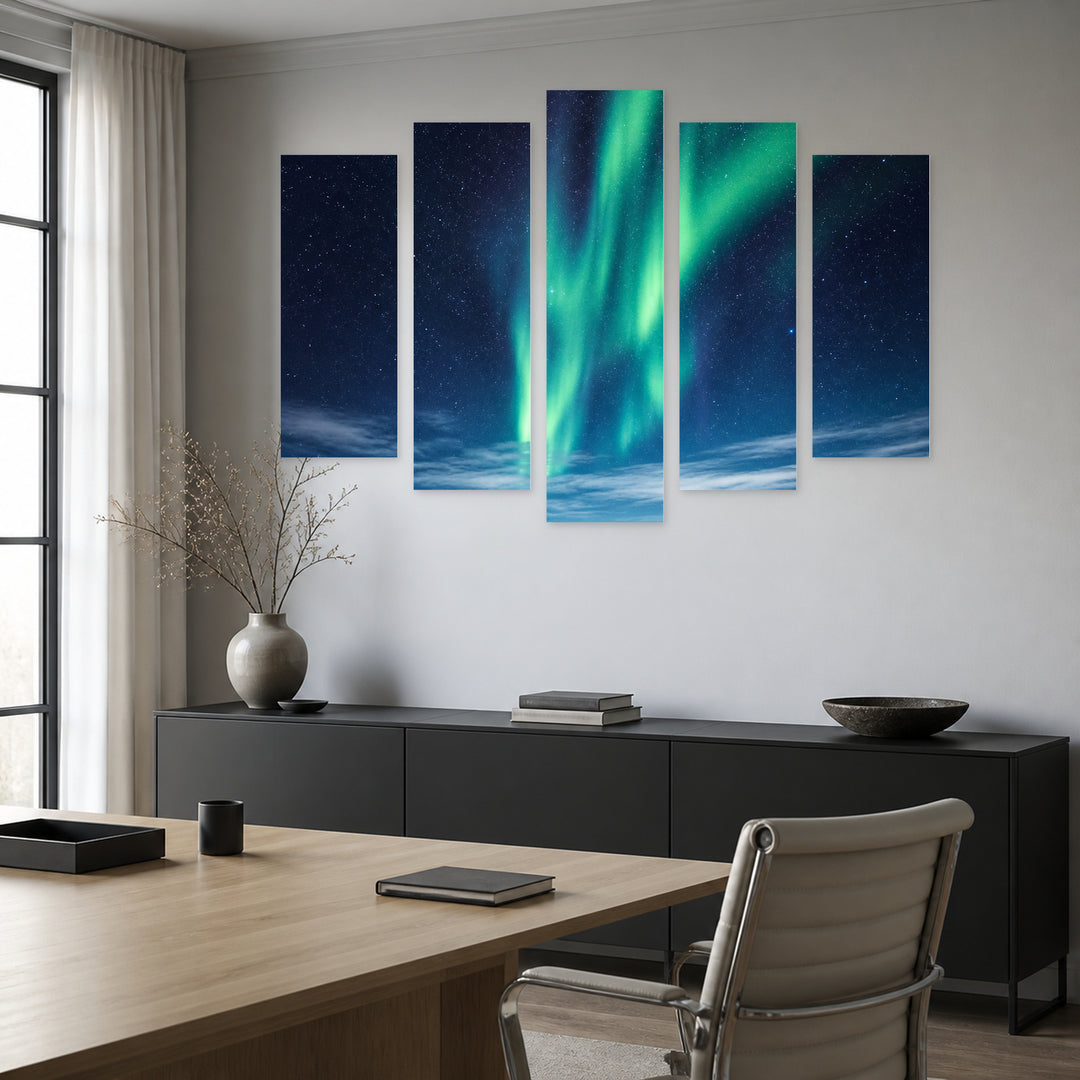 Glow in Vivid Color — five-panel wall art in alternate frontal interior | 5wallart 57627 M4