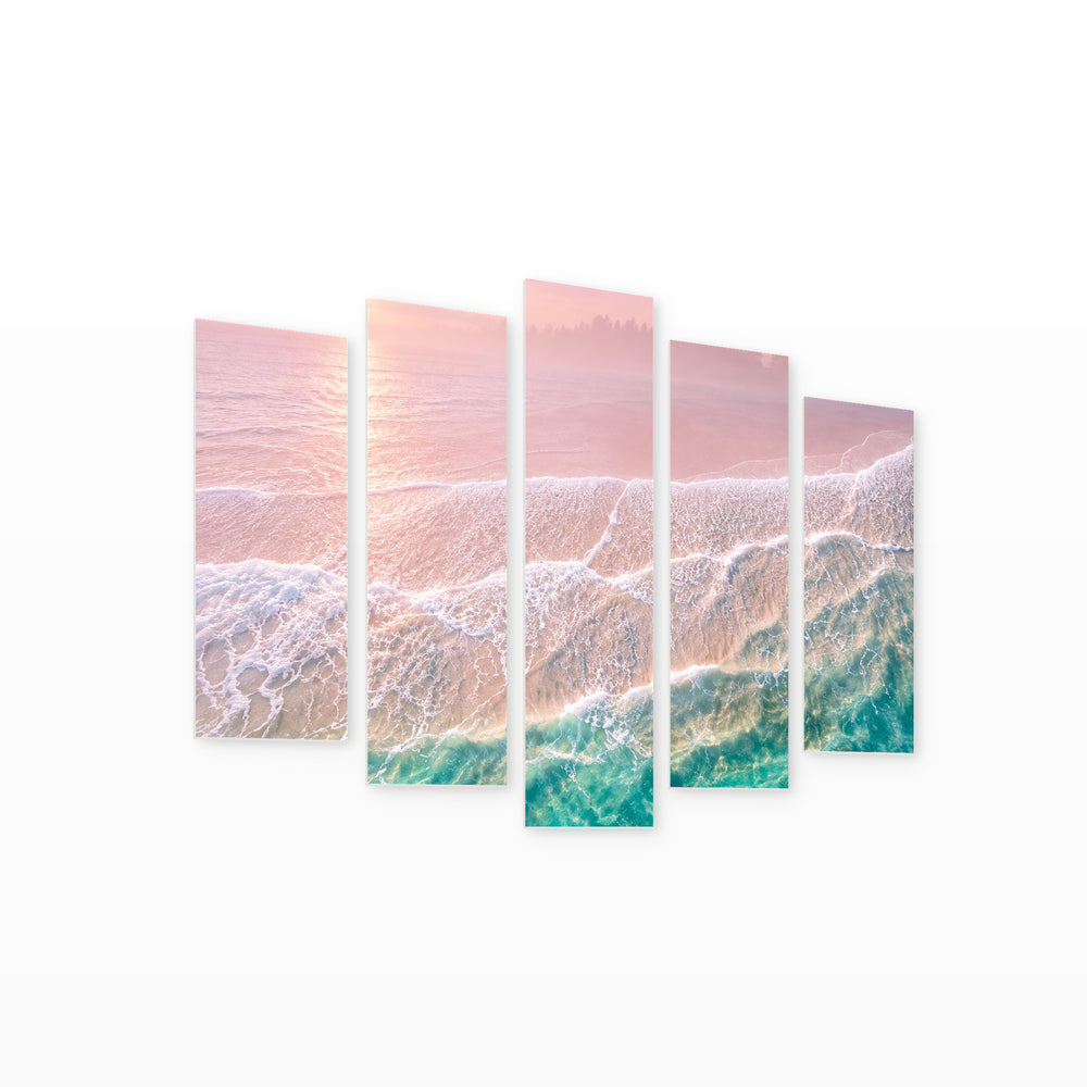 Pink Waves in Serene Light — five-panel wall art on white background in perspective | 5wallart 57630 M1