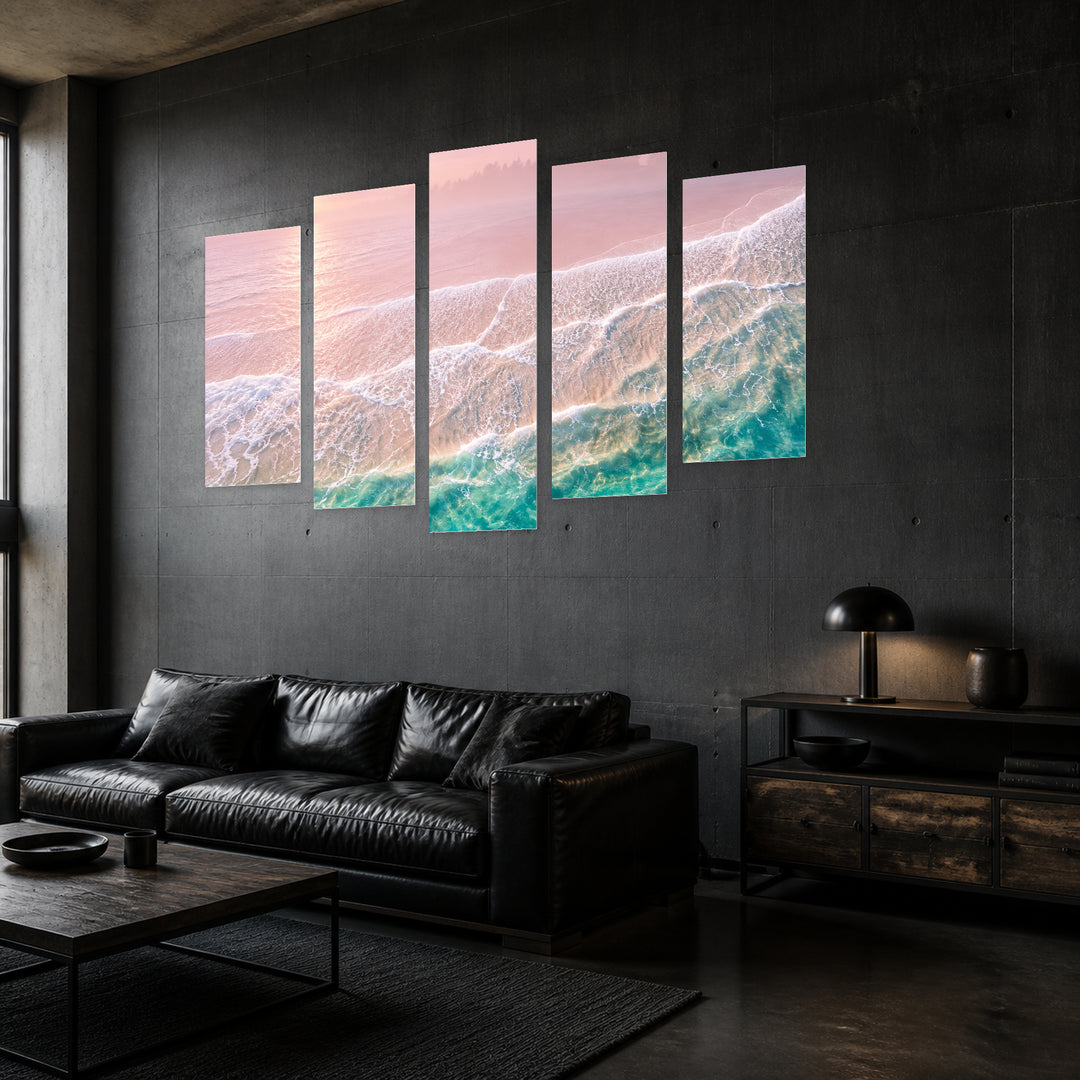 Pink Waves in Serene Light — five-panel wall art in perspective interior | 5wallart 57630 M2