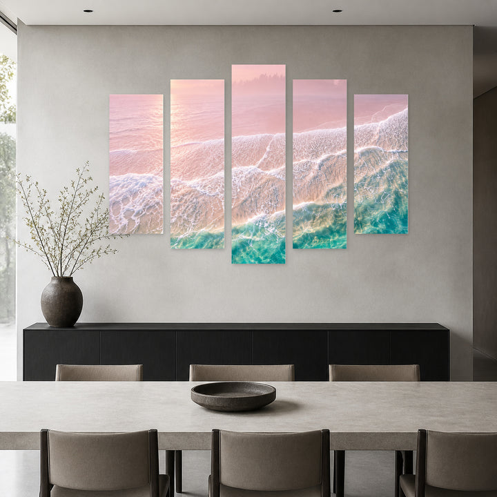Pink Waves in Serene Light — five-panel wall art in frontal interior | 5wallart 57630 M3
