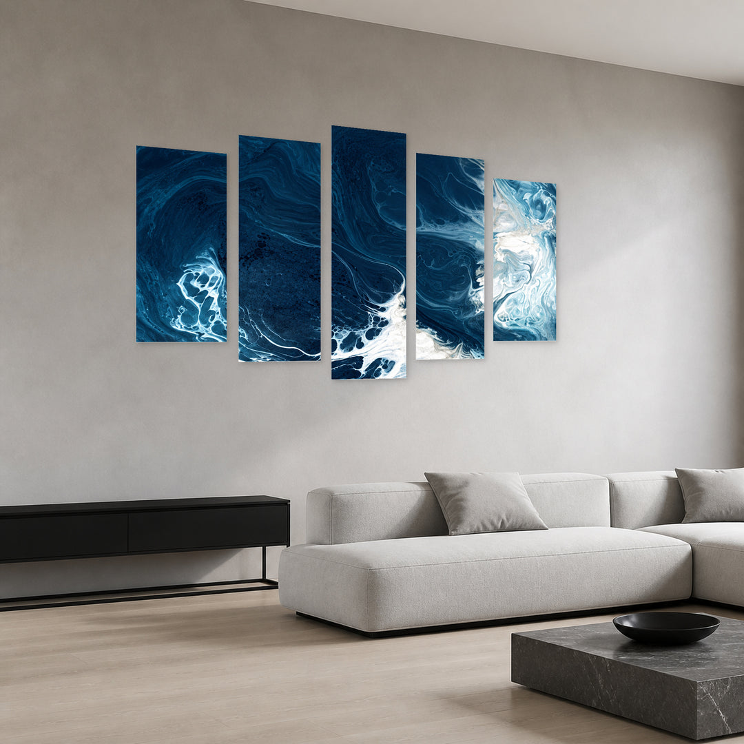 Deep Waters in Serene Light — five-panel wall art in perspective interior | 5wallart 57632 M2