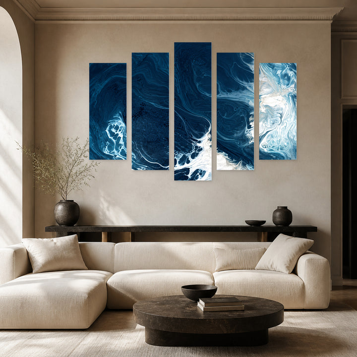 Deep Waters in Serene Light — five-panel wall art in alternate frontal interior | 5wallart 57632 M4