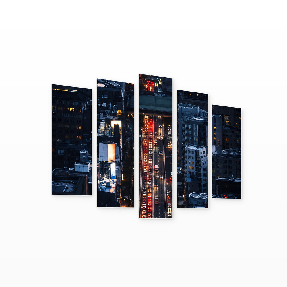 Night View over the City with Geometric Rhythm — five-panel wall art on white background in perspective | 5wallart 57633 M1