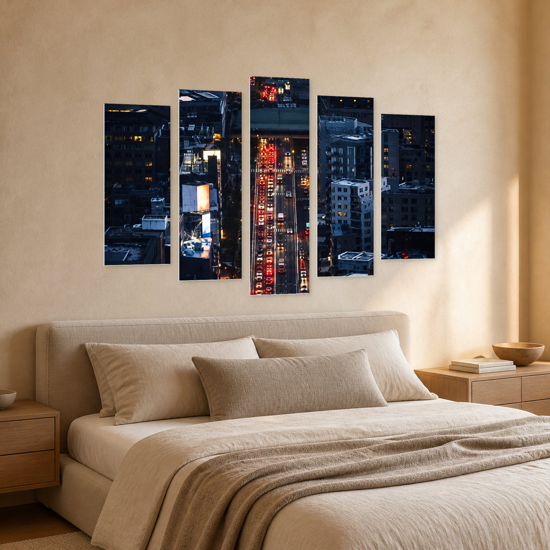Night View over the City with Geometric Rhythm — five-panel wall art in perspective interior | 5wallart 57633 M2