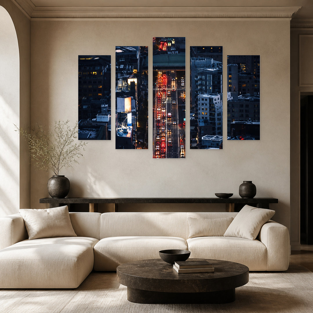 Night View over the City with Geometric Rhythm — five-panel wall art in frontal interior | 5wallart 57633 M3