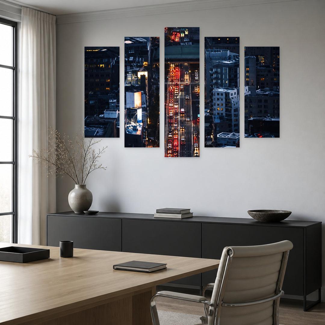 Night View over the City with Geometric Rhythm — five-panel wall art in alternate frontal interior | 5wallart 57633 M4