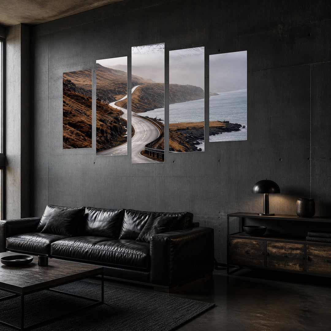 No Turning Back with Geometric Rhythm — five-panel wall art in perspective interior | 5wallart 57636 M2