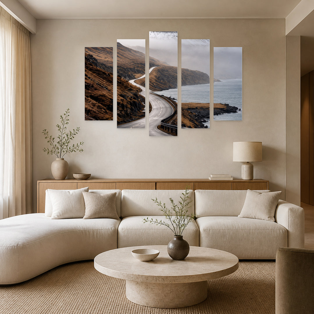 No Turning Back with Geometric Rhythm — five-panel wall art in alternate frontal interior | 5wallart 57636 M4