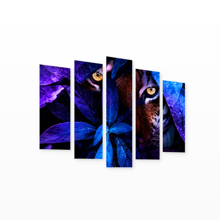 Tiger in the Jungle in Vivid Color — five-panel wall art on white background in perspective | 5wallart 57638 M1