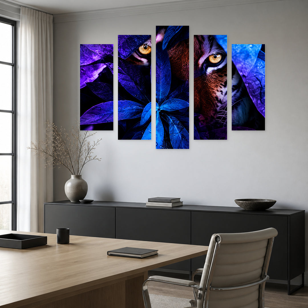 Tiger in the Jungle in Vivid Color — five-panel wall art in frontal interior | 5wallart 57638 M3