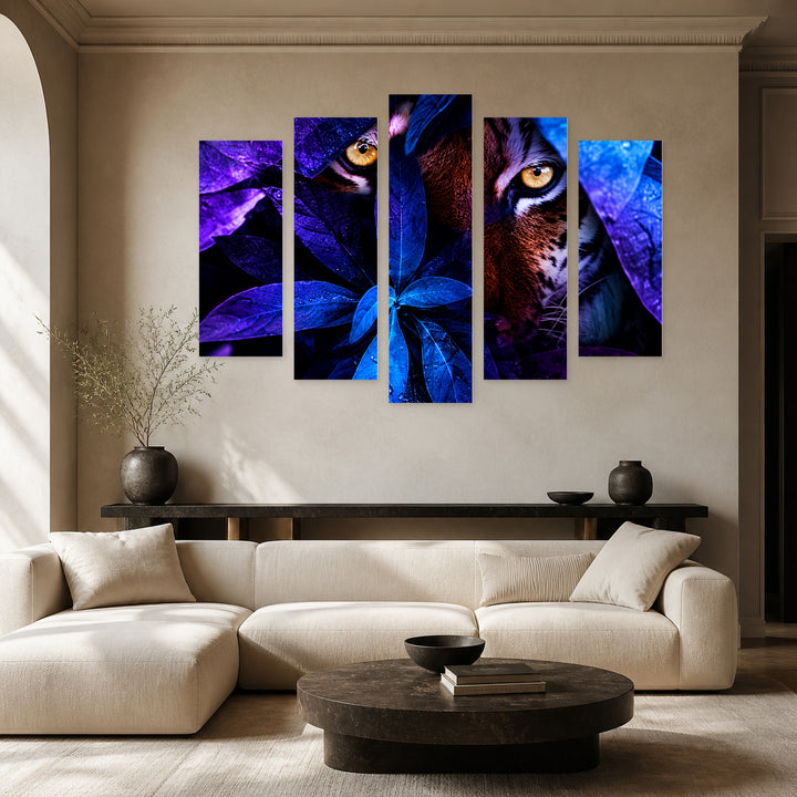 Tiger in the Jungle in Vivid Color — five-panel wall art in alternate frontal interior | 5wallart 57638 M4