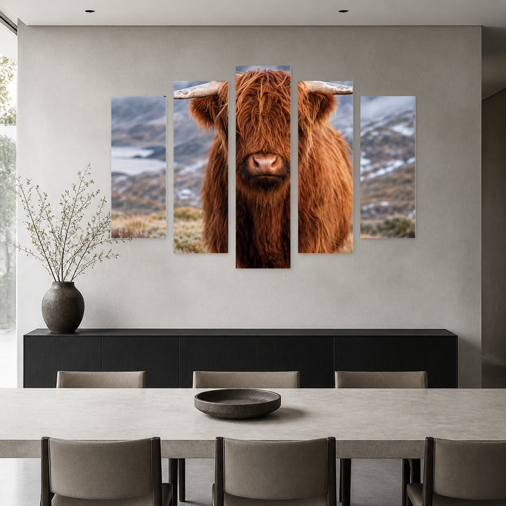 Scottish Calf with Dreamlike Atmosphere — five-panel wall art in frontal interior | 5wallart 57640 M3